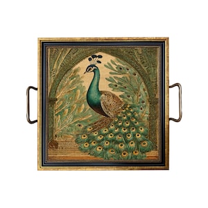 May include: A square serving tray with a gold frame and black interior. The tray features a vintage illustration of a peacock with its tail feathers spread out. The peacock is green, blue, and brown with a gold background.