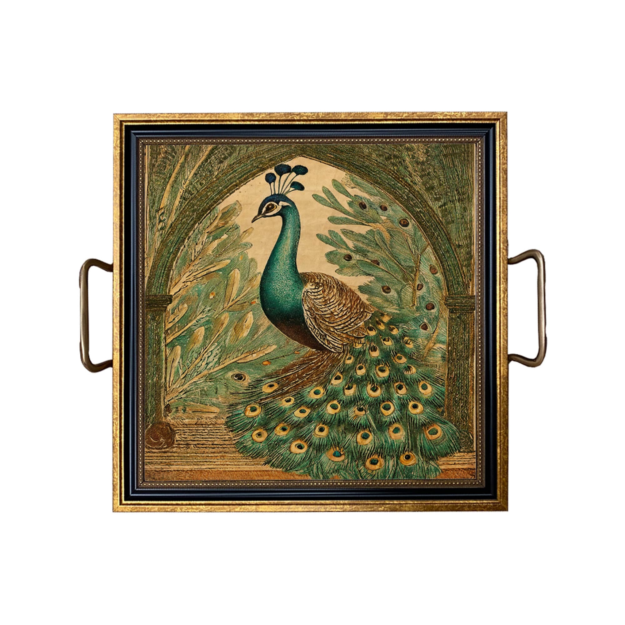 Vintage Style Peacock Decorative Tray with Brass Handles in 2 Sizes, Coffee Table Tray, Ottoman Tray, Peacock Decor, Grandmillennial Decor