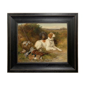 Hunting Dogs Landscape Oil Painting Reproduction Print on Canvas in Distressed Black Wood Frame