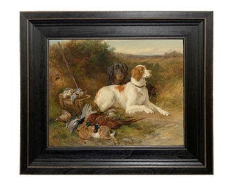 Hunting Dogs Landscape Oil Painting Reproduction Print on Canvas in Distressed Black Wood Frame