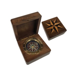 3&quot; Wood Compass Box with Inlaid Compass Rose Design and 2-1/4&quot; Brass Compass, Antique Reproduction, Nautical Decor, Nautical Office