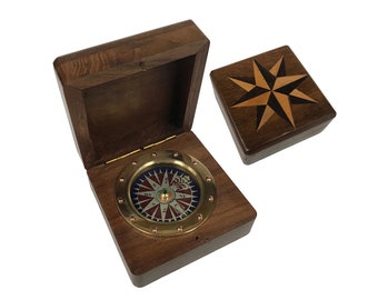 3" Wood Compass Box with Inlaid Compass Rose Design and 2-1/4" Brass Compass, Antique Reproduction, Nautical Decor, Nautical Office