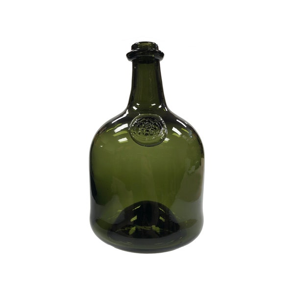 10" Hand-Blown Dark Green Thick Glass Wine Bottle- Antique Vintage Style