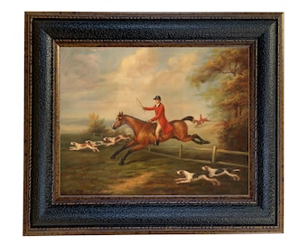 Fox Hunting Scene Painting After J.N. Sartorius, Framed Oil Painting Print on Canvas in Leather Look Frame