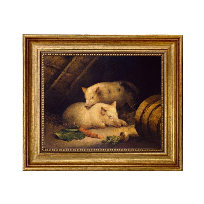 May include: A framed painting depicts two pigs resting in a barn setting. One pig is lying down, while the other is resting on top. A carrot and other vegetables are in the foreground. The painting is in a gold frame.