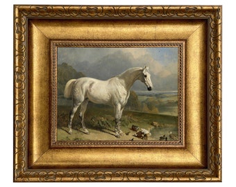 Gray Horse with Ducks Framed Oil Painting Print on Canvas