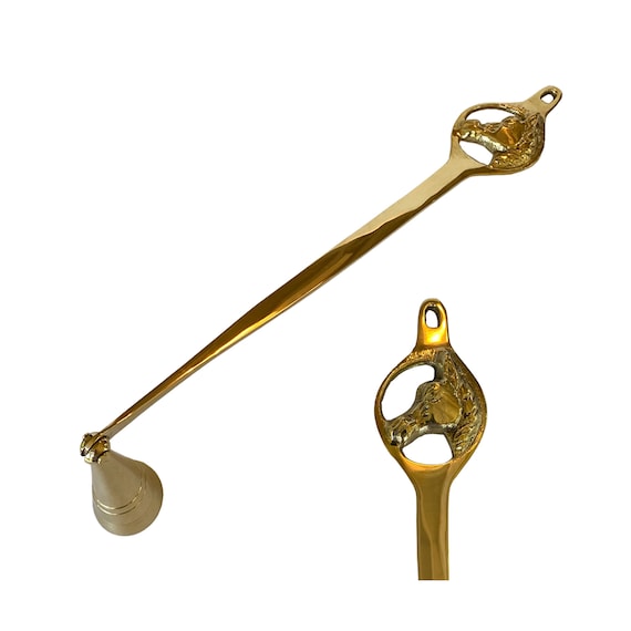 11-3/4" Polished Brass Horse Head Candle Snuffer, Equestrian Decor
