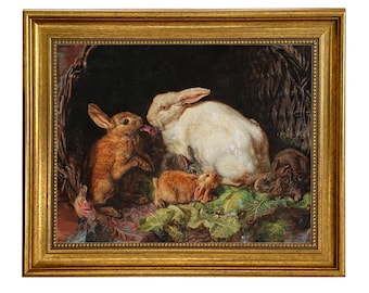 Hares and Young Framed Oil Painting Print on Canvas, Bunny, Rabbits, Spring, Easter, Cottagecore, Nursery, Wall Art