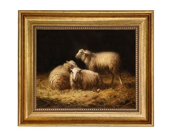 Sheep in the Hay Framed Oil Painting Print on Canvas in Antiqued Gold Frame