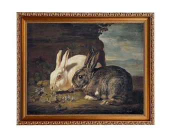 Two Rabbits Framed Canvas Print, Spring Wall Decor, Vintage Style Art