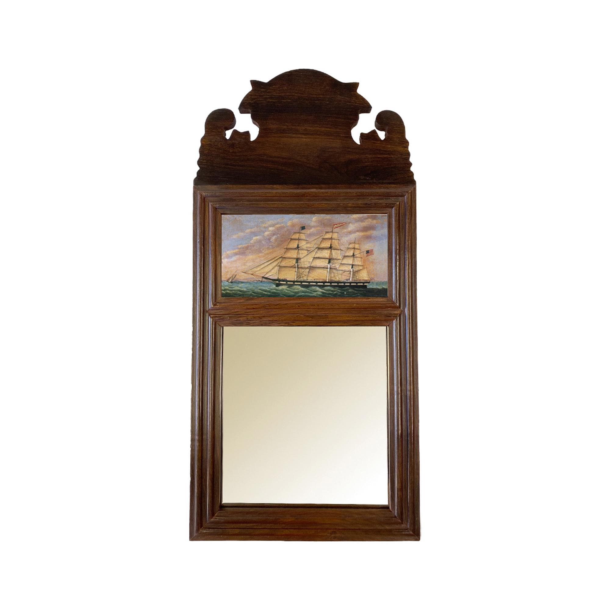 18-3/4" Wood Framed Mirror with Print of Sailing Ship, Chippendale Mirror, Antique Style, Nautical Decor, Coastal Decor, Mirror with Picture