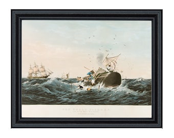 Sperm Whale in a Flurry Framed Print, Currier and Ives, Vintage Nautical Wall Art