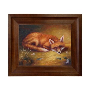 May include: A framed painting of a resting fox with orange fur, white ears, and a focused gaze. The artwork features a warm color palette with a brown wooden frame. Feathers and small plants are in the foreground.