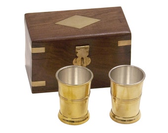 Polished Brass Rum Cups in Solid Rosewood Storage Box, Gift for Sailor, Gift for Pirate Lover, Pirate Party, Nautical Decor, Pirate Decor