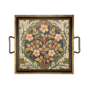 Bandeja decorativa con asas de latón y diseño de rosas en flor de William Morris, bandeja para mesa de centro o bandeja otomana.
