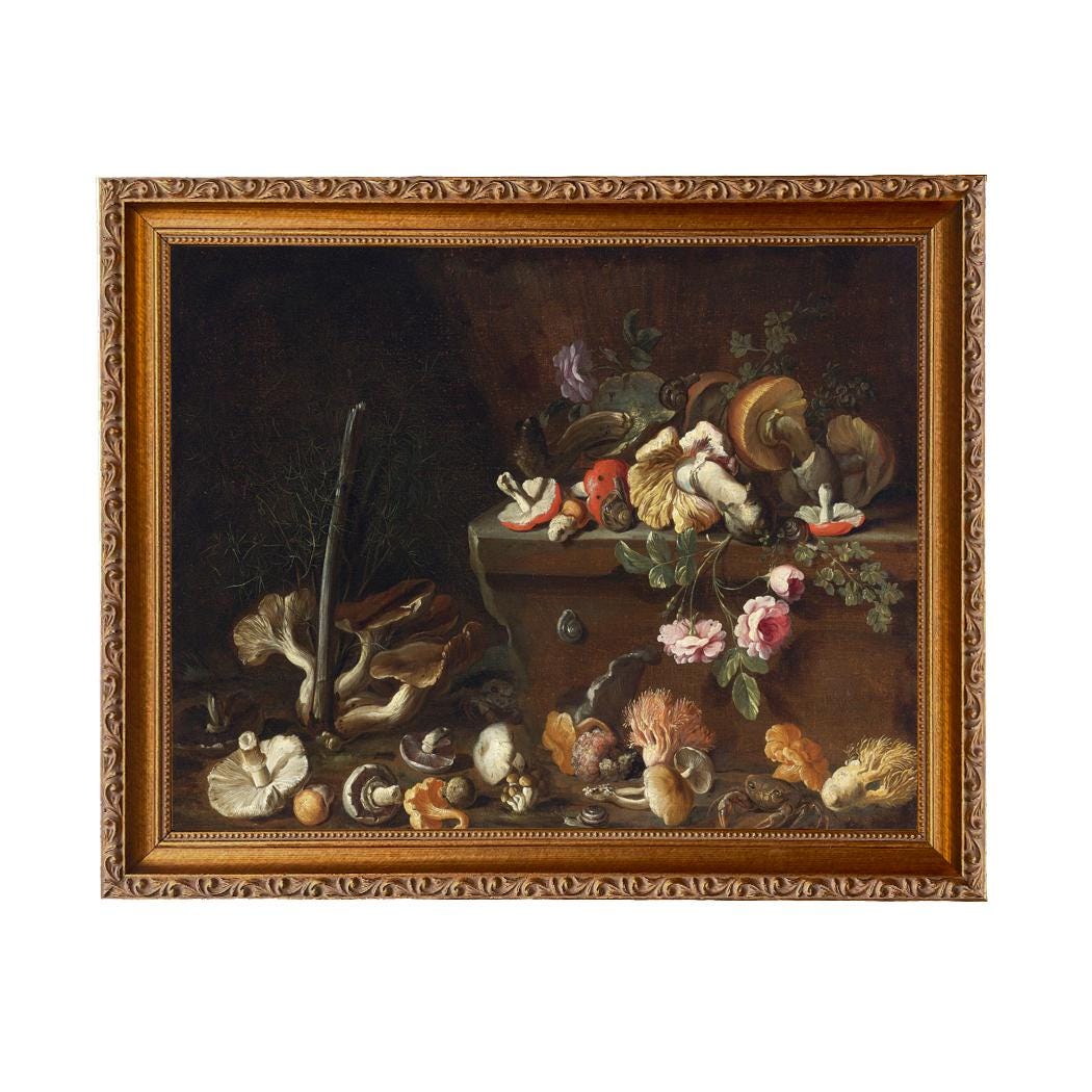 Framed Mushroom Still Life Canvas Print, Cottagecore Wall Art