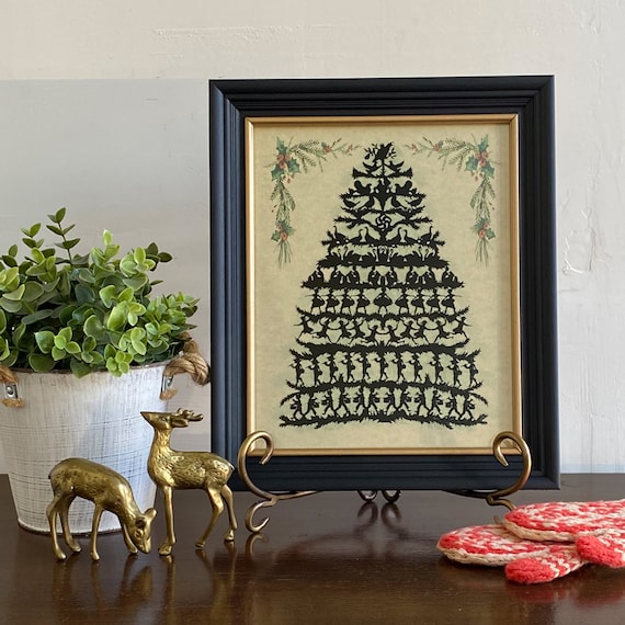 12 Days of Christmas Framed Paper Cut Silhouette, Christmas Scherenschnitte, Holiday Wall Art,