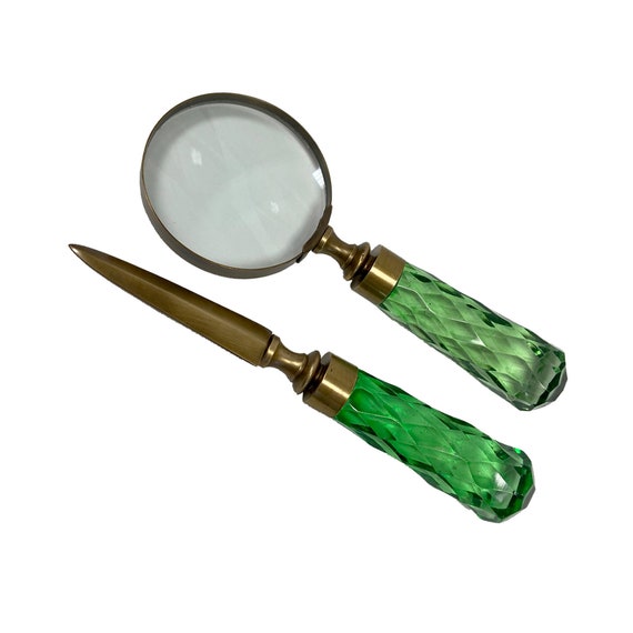 Brass and Glass Magnifier and Letter Opener Desk Set- Antique