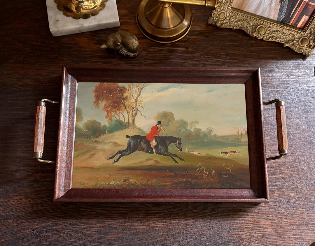 アンティーク大好き侍 専用40-50s French Hunting Fox Hunting Handmade Wood and Glass Decorative Tray, English