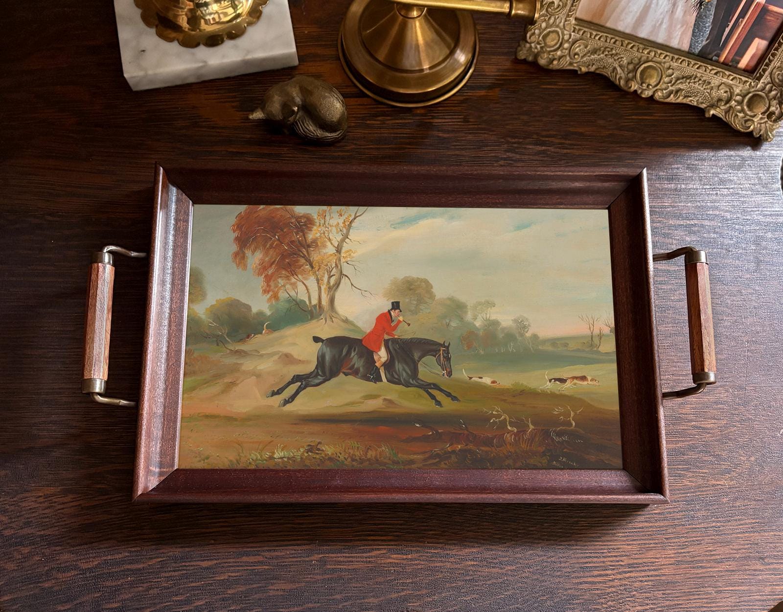 Fox Hunting Handmade Wood and Glass Decorative Tray, English