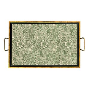 May include: Rectangular serving tray with a gold-colored frame and handles. The tray features a black border and a green and cream floral pattern. The handles are a bronze color.