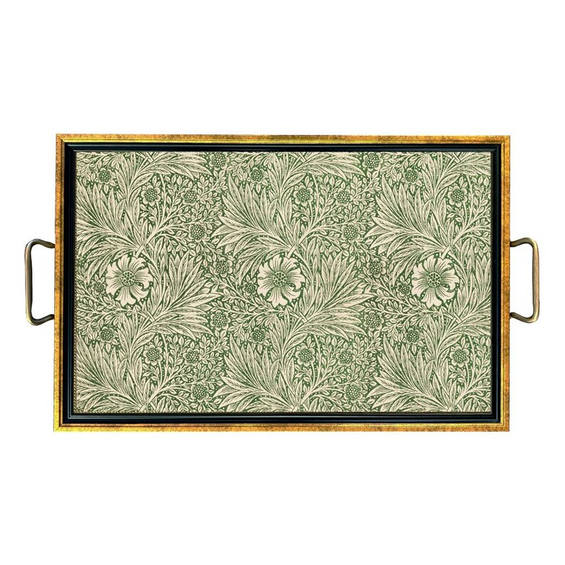 May include: Rectangular serving tray with a gold-colored frame and handles. The tray features a black border and a green and cream floral pattern. The handles are a bronze color.
