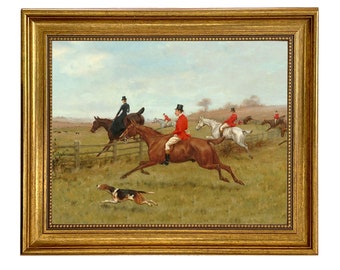 The Chase Equestrian Fox Hunt Scene Framed Oil Painting Print on Canvas, Equestrian, Fox Hunt, Wall Art, Decor