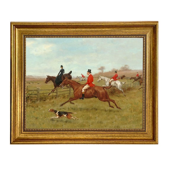 The Chase Framed Oil Painting Print on Canvas, Vintage Fox Hunt