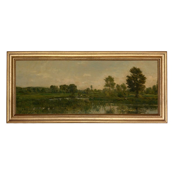 Marsh with Ducks French Landscape Panoramic Oil Painting Print on Canvas in Gold Wood Frame