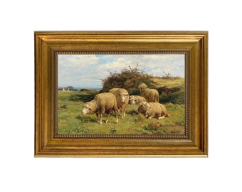 ヴィンテージの羊と子羊の油絵：田園風農家の壁アート、素朴な動物の