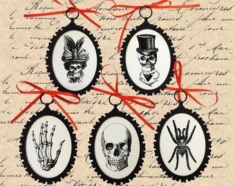 Set of 5 Halloween Skeleton Ornaments with Orange Ribbon, Halloween Decor, Vintage Style Halloween, Black and White, Fall Decor
