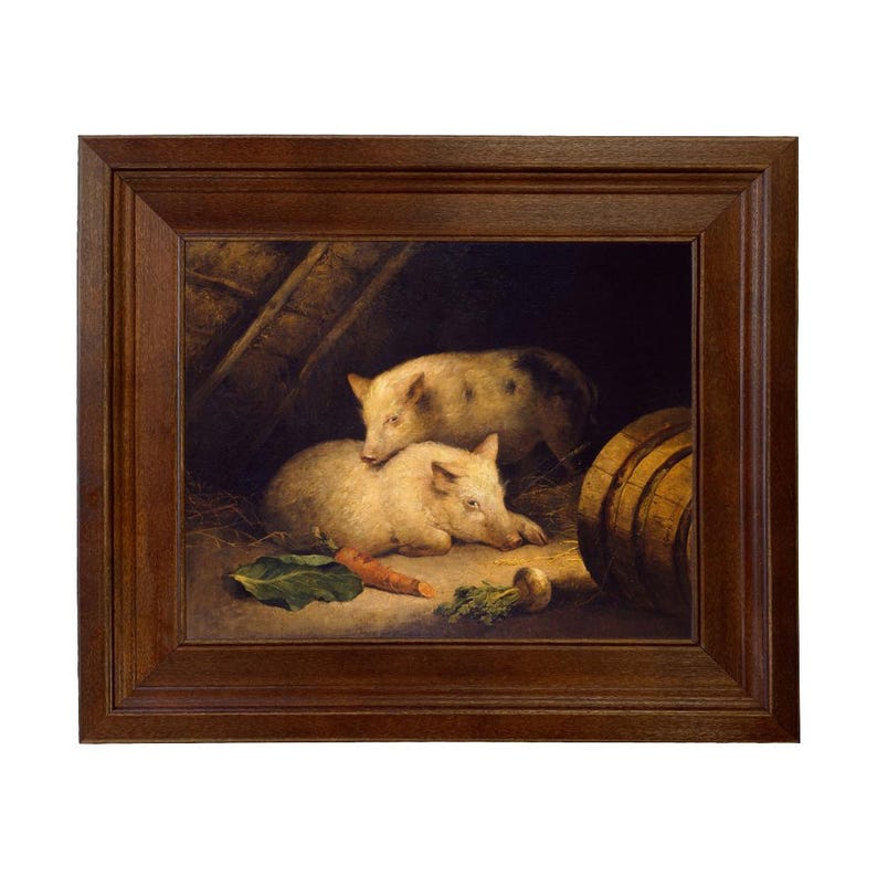 May include: A framed painting depicts two light-colored pigs resting in a barn setting. One pig is lying down, while the other is resting its head on the first. A carrot and a leaf are in the foreground. The painting is in a dark brown wooden frame.
