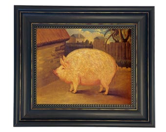 賞品の豚 19世紀フォークアート油絵複製画、納屋にいる白いぽっちゃり