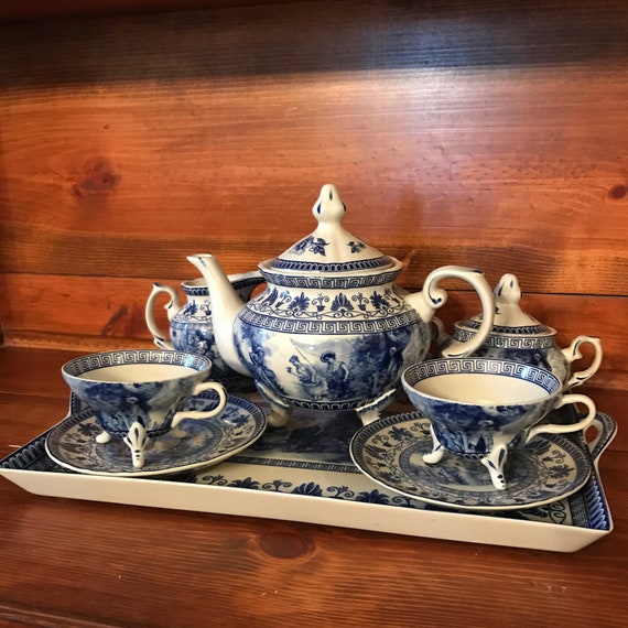 Liberty Blue Transferware Porcelain Tea Set With Tray, Antique Style, Blue  and White, Teapot, Decor 