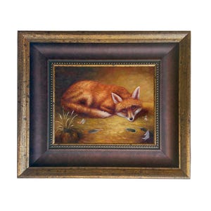 Framed Red Fox Canvas Print, Rustic Cabin Wall Art, Vintage Animal Art C1 Wide Brown Gold
