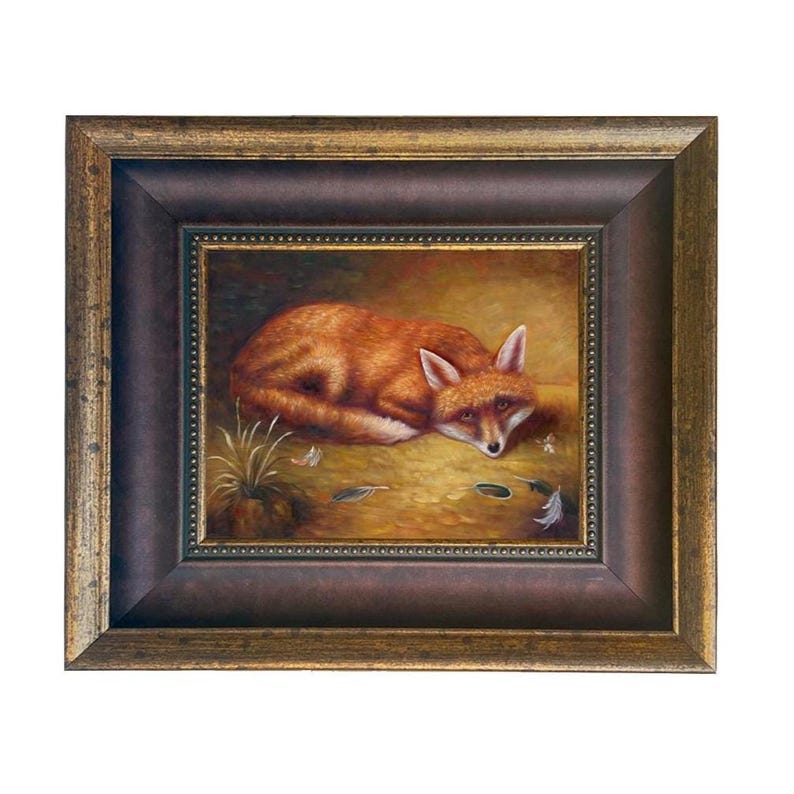 Framed Red Fox Canvas Print, Rustic Cabin Wall Art, Vintage Animal Art C1 Wide Brown Gold