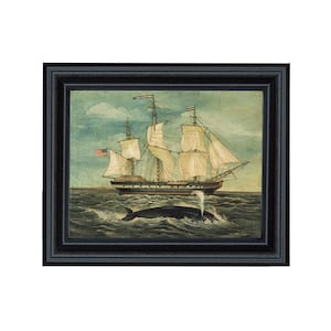 May include: A framed painting depicting a ship with white sails and an American flag sailing on a blue sea with a whale breaching in the foreground.