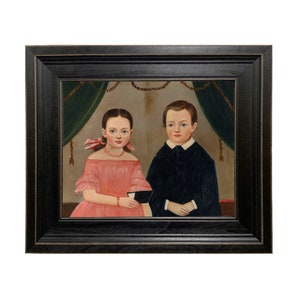 Girl in Pink with Brother Framed Oil Painting Print on Canvas, Primitive Wall Art, Folk Art, Early American Decor, Primitive Portrait