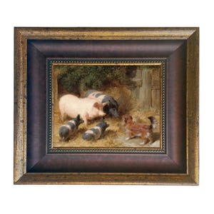 May include: Framed artwork depicting a farm scene with pigs and a dog. The painting features a light pink pig, several black and white pigs, and a brown dog. The frame is dark brown with gold accents.