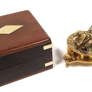 3&quot; Sundial Compass in Solid Wood Box with Brass Accents, Antique Reproduction, Nautical Decor, Nautical Office, Gift for Boat Captain