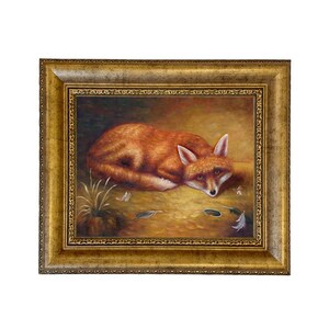 Framed Red Fox Canvas Print, Rustic Cabin Wall Art, Vintage Animal Art B1 Antique Gold Leaf