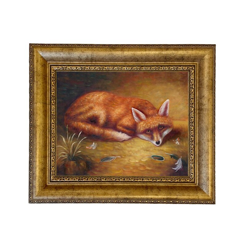 Framed Red Fox Canvas Print, Rustic Cabin Wall Art, Vintage Animal Art B1 Antique Gold Leaf