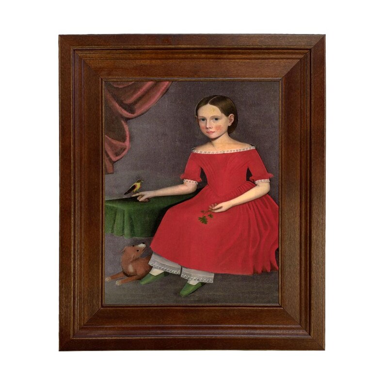 May include: A framed portrait of a young person in a red dress, seated with a small bird on a table. The painting features a teddy bear, green shoes, and a dark background with a curtain.