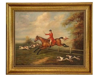 Fox Hunting Scene Painting After J.N. Sartorius Framed Oil Painting Print on Canvas in Antiqued Gold Frame