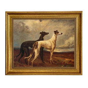Greyhounds in Field Framed Oil Painting Print on Canvas, Framed Dog Print, Hunting Dog Art, Vintage Style Dog Art, English Country Decor