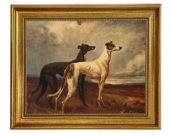 Greyhounds in Field Oil Painting Print on Canvas in Antiqued Gold Frame