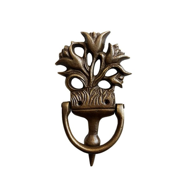 Antiqued Brass Flower Door Knocker, Victorian Style Decor (6-1/2")