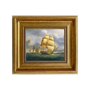 American Frigate in the Channel Framed Oil Painting Print on Canvas, Vintage Ship Print, Sailing Ship Print, Nautical Art, Coastal Decor