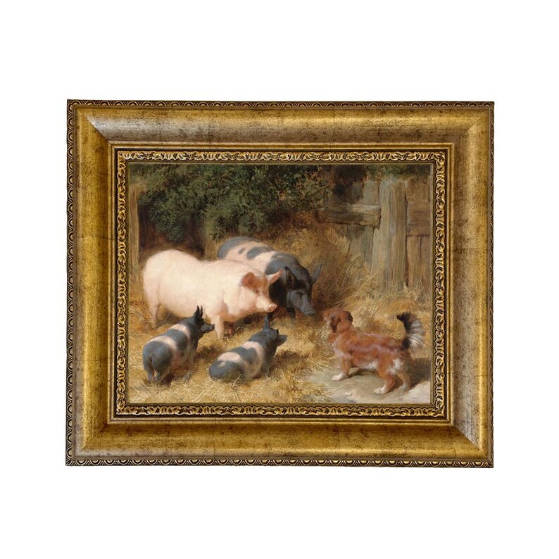 May include: A framed painting depicts a farm scene with pigs and dogs. The pigs are pink and black, and the dogs are brown and black. The painting is set in a barnyard with hay and a wooden structure. The frame is gold.