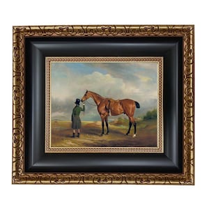 Horse and Groomer Framed Oil Painting Print on Canvas, Framed Equestrian Print, Equestrian Wall Art, Vintage Style Horse Print